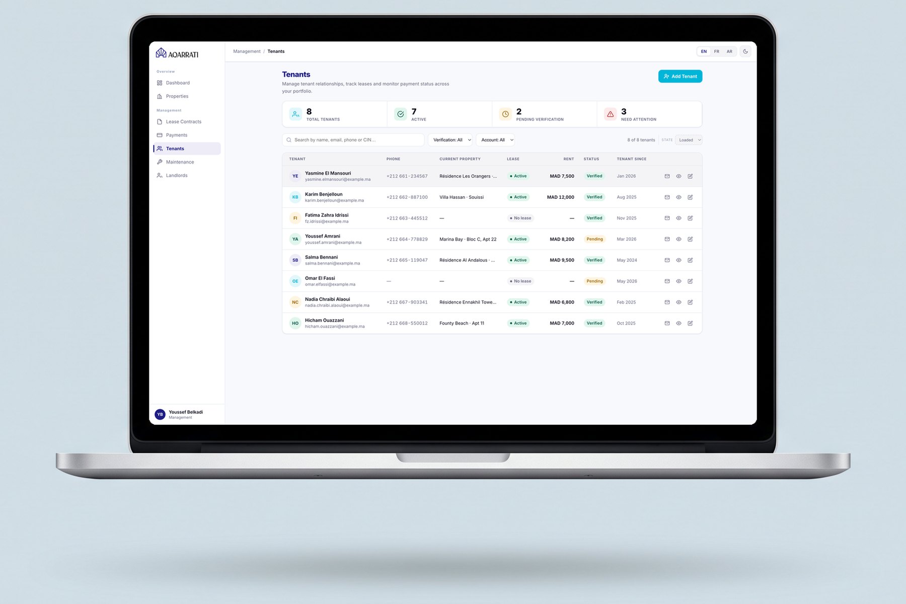 Tenant directory with verification and lease status