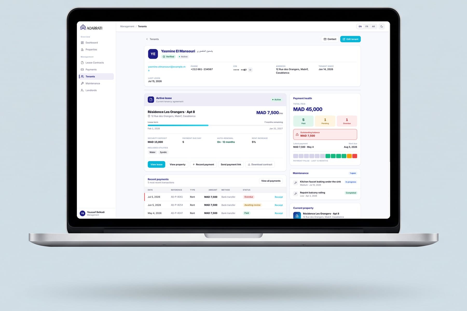 Tenant record — active lease, payment health, and maintenance