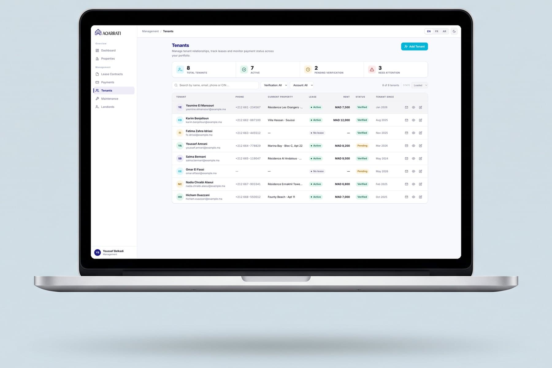 Tenant directory with verification and lease status